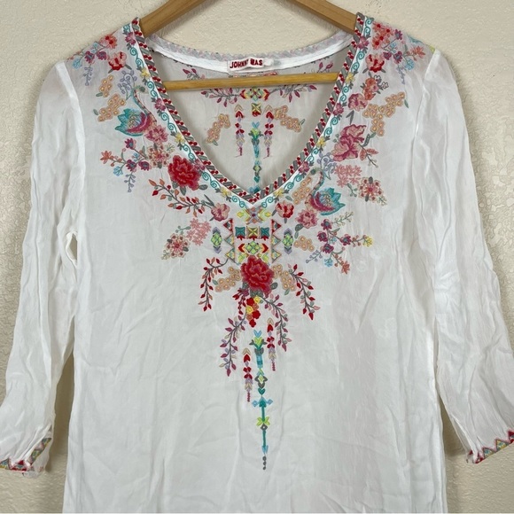 Johnny Was Floral Embroidered Tunic Blouse White Boho Peasant Cottagecore Sheer - Picture 2 of 12